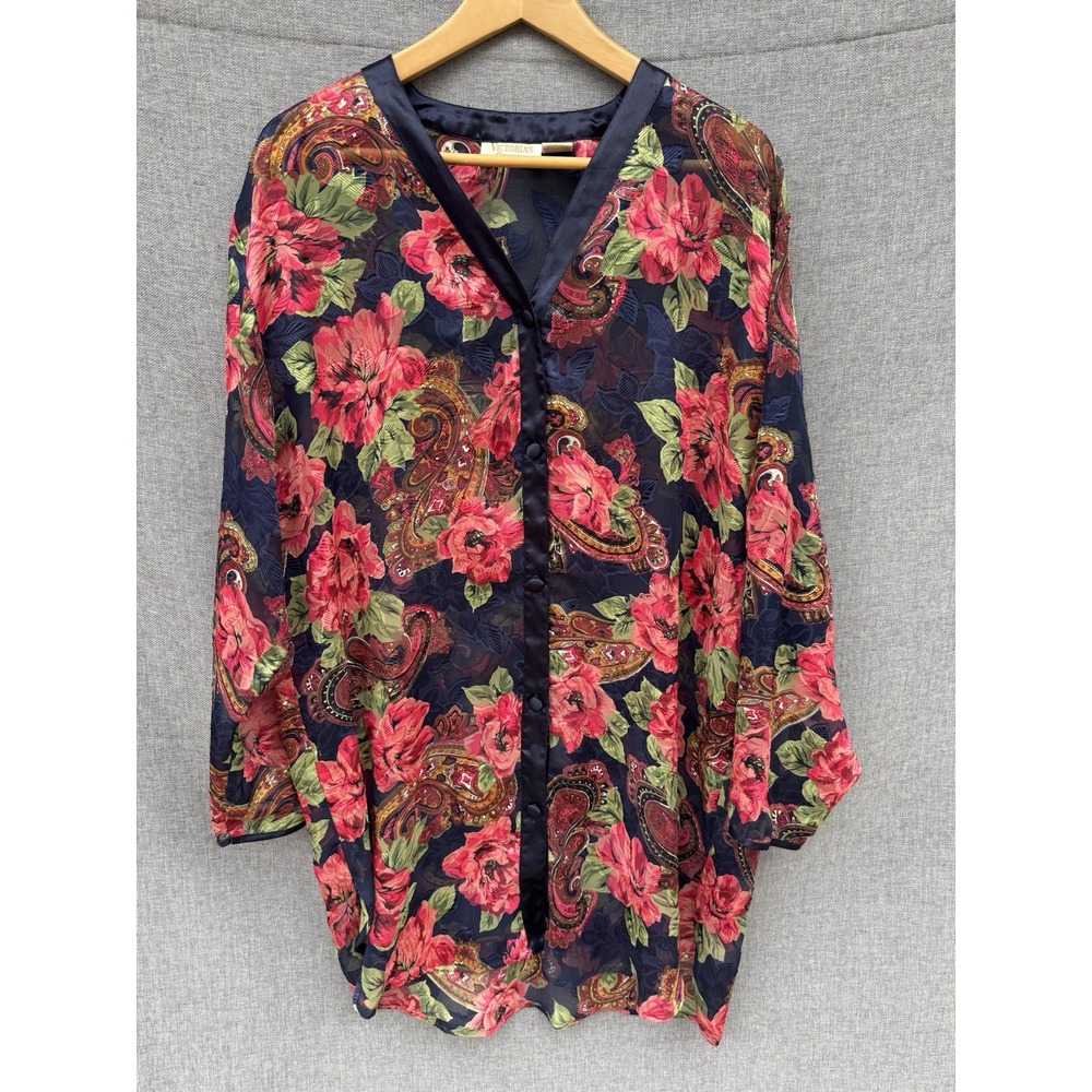 Vintage‎ Gold Label Victorias Secret M/L Red Semi Sheer Floral Tunic Top Button